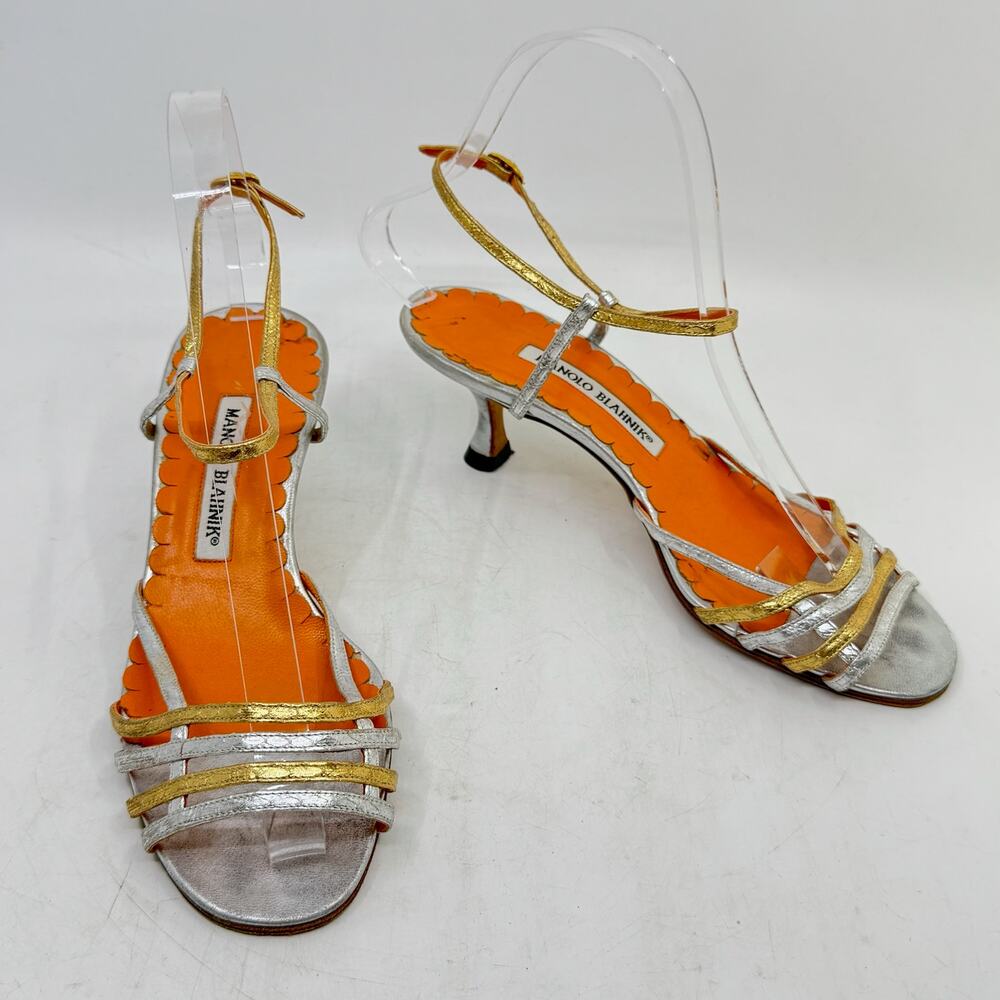 MANOLO BLAHNIK Metallic Strappy Kitten Heeled Sandals